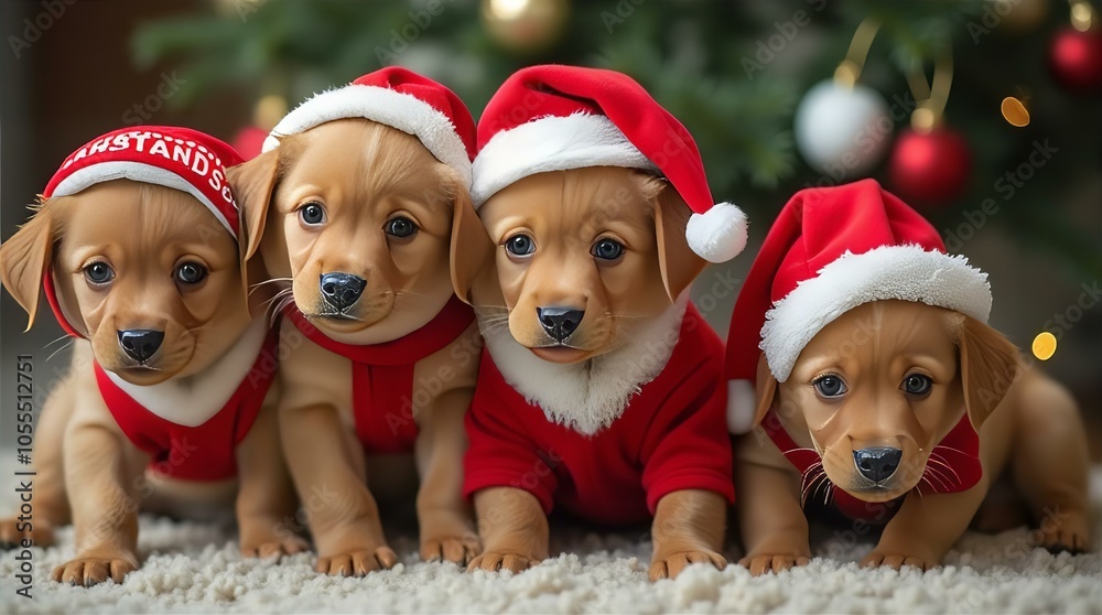 Two cute dogs wearing Christmas hats, a white chihuahua and a dachshund, in a studio portrait, isolated against a plain background Two cute dogs wearing Christmas hats, a white chihuahua and a dachshund, in a studio portrait, isolated against a plain background