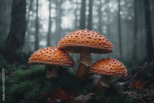 Three vibrant orange amanita mushrooms grow together in a mystical, misty forest with towering trees and soft light.