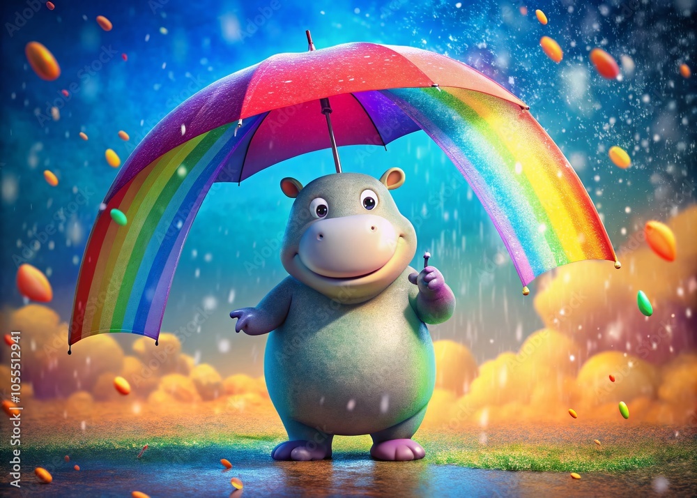 Playful Hippo with Umbrella in Rainbow Rain - Fun Weather Theme 3D Illustration Playful Hippo with Umbrella in Rainbow Rain - Fun Weather Theme 3D Illustration