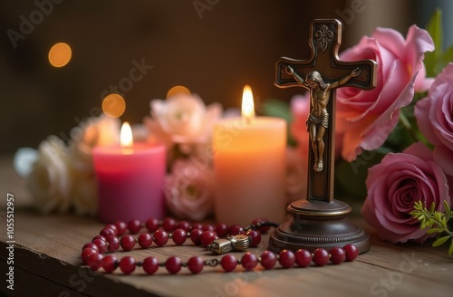 A warm and peaceful spiritual scene featuring a rosary with a crucifix placed beside glowing candles and flowers, evoking faith and tranquility.
 photo