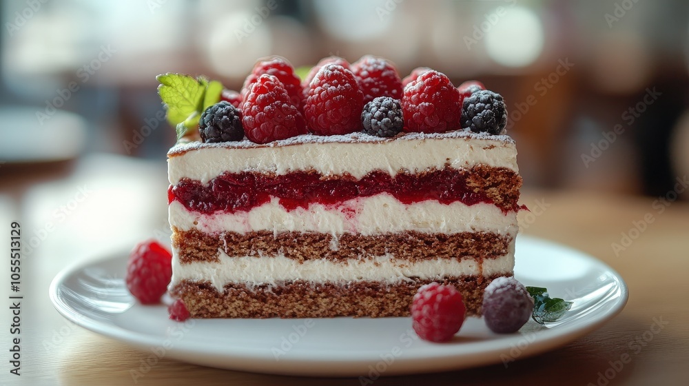 A delicious slice of berry cake topped with fresh raspberries and blueberries, perfect for dessert lovers and special occasions.