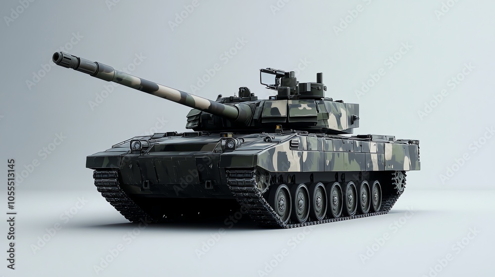 A tank with camouflage paint isolated on a white background. A tank with camouflage paint isolated on a white background.