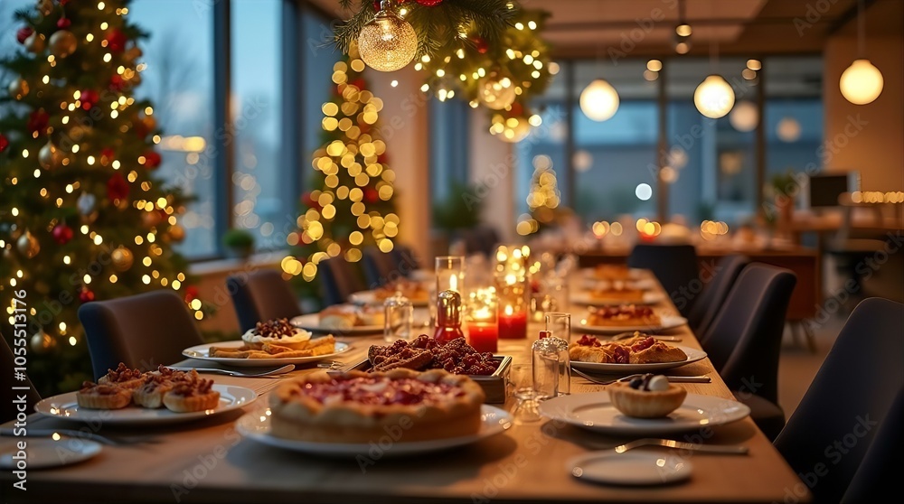 Festive Christmas dinner table with holiday decorations, candles, and a beautifully set dining arrangement in a cozy home interior Festive Christmas dinner table with holiday decorations, candles, and a beautifully set dining arrangement in a cozy home interior