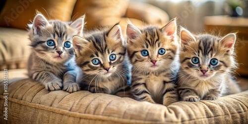 Playful Kittens with Blue Eyes Enjoying Fun Moments on a Cozy Sofa