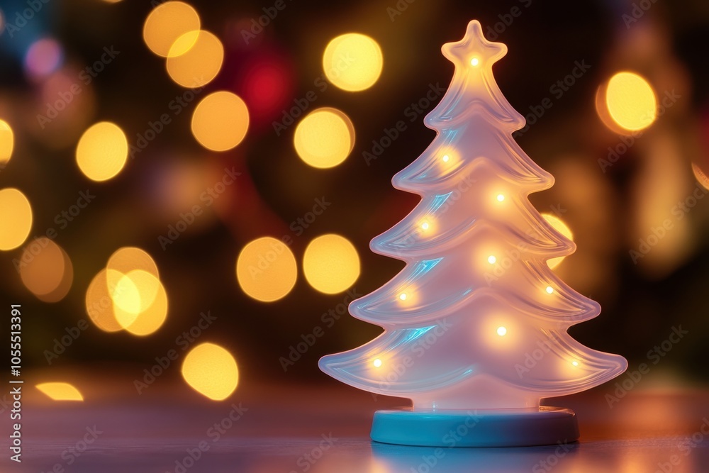 A glowing white ceramic Christmas tree against a backdrop of soft colorful lights. A glowing white ceramic Christmas tree against a backdrop of soft colorful lights.