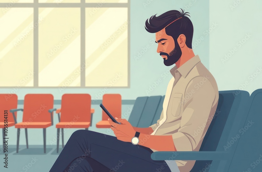 Thoughtful Man Using Tablet in Bright Waiting Room Thoughtful Man Using Tablet in Bright Waiting Room