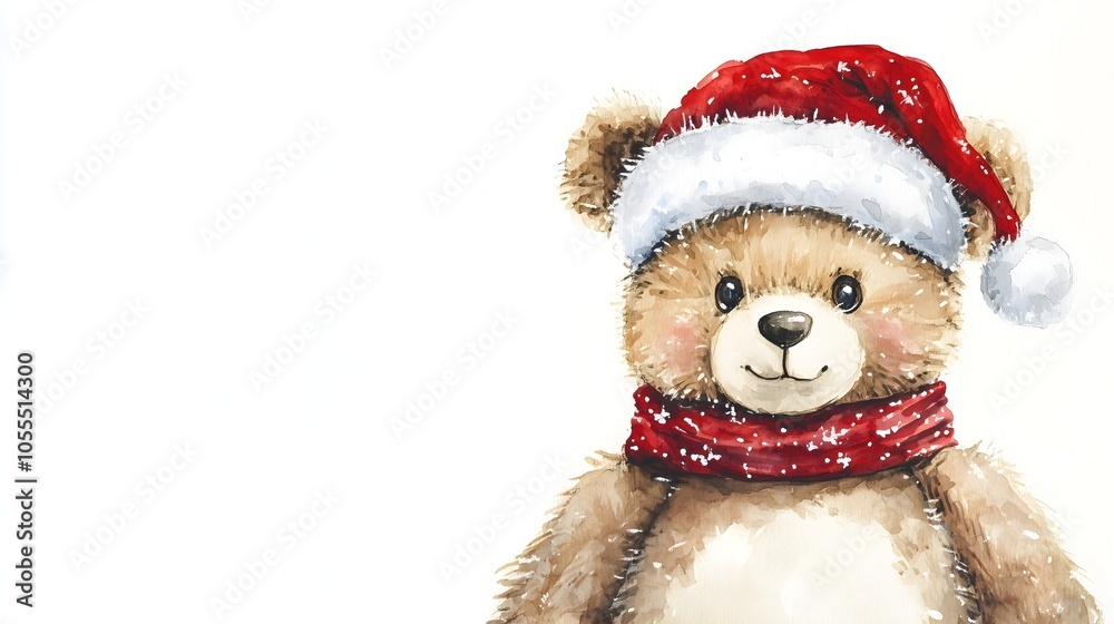 Sweet watercolor illustration of teddy bear in christmas hat and scarf with berries for winter holiday celebration and birthday gift design. New Year and Christmas concept. Cartoon character for card, Sweet watercolor illustration of teddy bear in christmas hat and scarf with berries for winter holiday celebration and birthday gift design. New Year and Christmas concept. Cartoon character for card,
