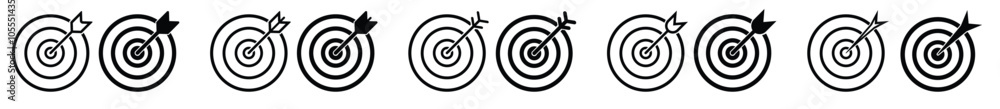 Target Bullseye with arrow line art icon for apps and websites. Target Acquisition Solid Icon. Vector icon goal in black color. Arrows that successfully hit a target. Target Bullseye with arrow line art icon for apps and websites. Target Acquisition Solid Icon. Vector icon goal in black color. Arrows that successfully hit a target.