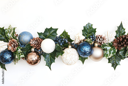 A vibrant festive Christmas border featuring colorful ornaments, pine cones, and holly leaves, perfect for enhancing holiday spirit and decorations.