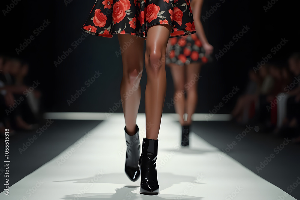 Fashion model showcasing stylish black ankle boots and floral skirt on the runway Fashion model showcasing stylish black ankle boots and floral skirt on the runway