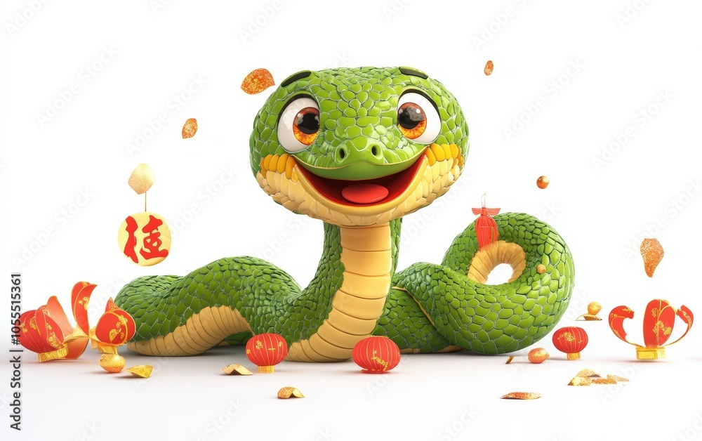 Fototapeta premium 3d chinese happy green snake with happy face, lunar new year theme, white background