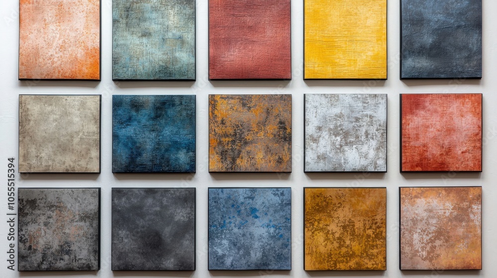 Colorful abstract canvas art display arranged in a grid pattern on a white wall Colorful abstract canvas art display arranged in a grid pattern on a white wall