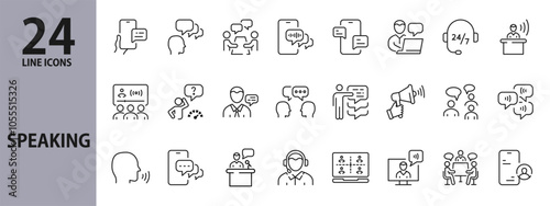 Speaking line icons set with Discussion, Communication, Conversation, Speech Bubble, Consultation, Talk and more. Editable Stroke