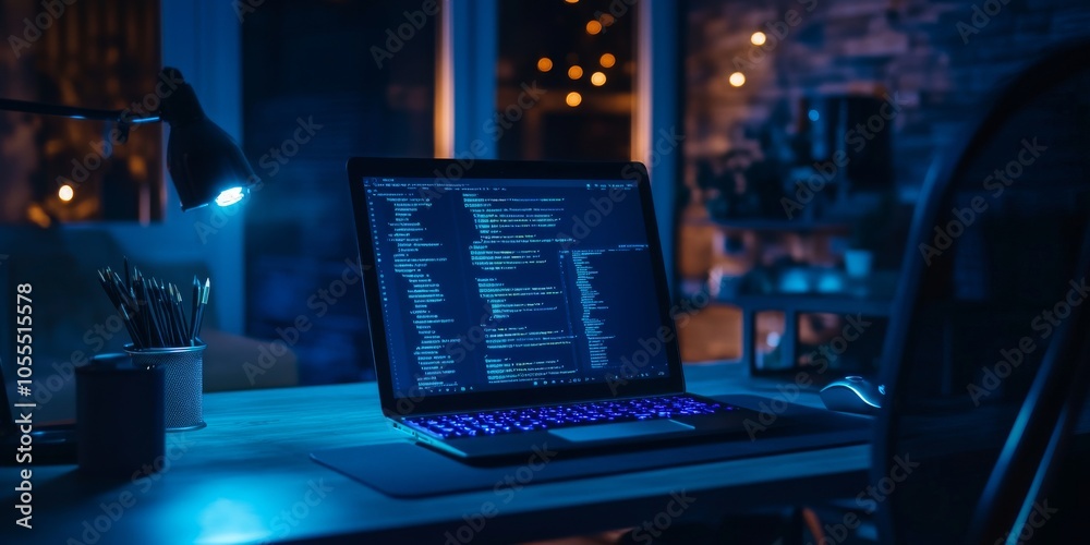 A sleek, glowing laptop sits on a desk in a shadowy room.  The blue light from the screen and keyboard illuminates the digital grid, highlighting the computer's advanced technology.
