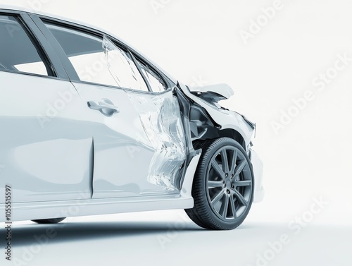 Detailed 3D Render of Car Accident Scene with Shattered Window on White Background