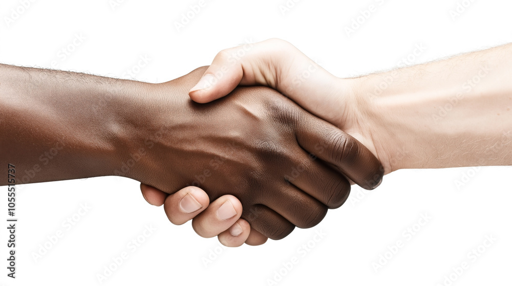 Close-up view of two people of different skin tones shaking hands in a gesture of unity and cooperation on a white background. Close-up view of two people of different skin tones shaking hands in a gesture of unity and cooperation on a white background.