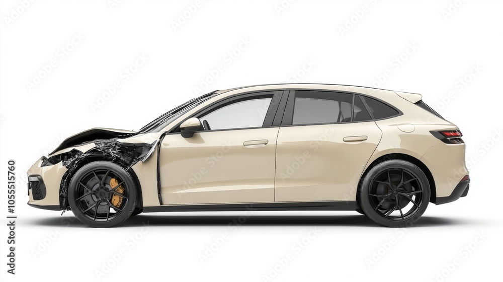Realistic Car Accident Damage in 3D Render - Side View of Vehicle with Broken Window on White Background Realistic Car Accident Damage in 3D Render - Side View of Vehicle with Broken Window on White Background