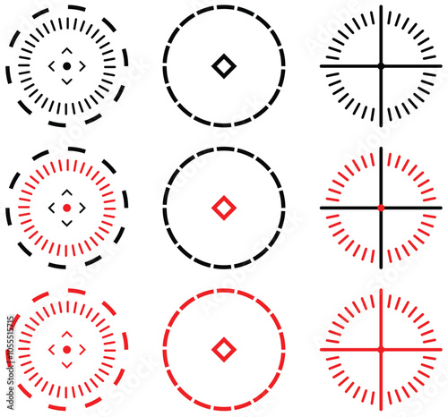 Set of Target Crosshair, gun sight vector icons. Bullseye, black and red target or aim symbol. Shooting mark sign. Archery, hunting and sports shooting. Game UI element. Isolated on white background.