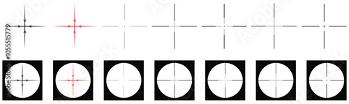 Gun Sight Crosshairs Icon. Sniper rifle, weapon optical scope aim. Hunting gun aim. Shooting mark symbol. Military target sign. Game interface UI element. Vector Illustration in Red and Black isolated