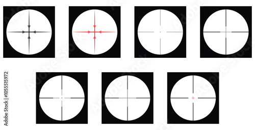 Gun Sight Crosshairs Icon. Sniper rifle, weapon optical scope aim. Hunting gun aim. Shooting mark symbol. Military target sign. Game interface UI element. Vector Illustration in Red and Black isolated