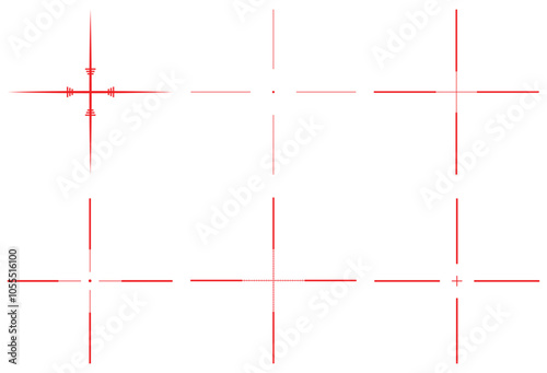 Gun Sight Crosshairs Icon. Sniper rifle, weapon optical scope aim. Hunting gun aim. Shooting mark symbol. Military target sign. Game interface UI element. Vector Illustration in Red color isolated.