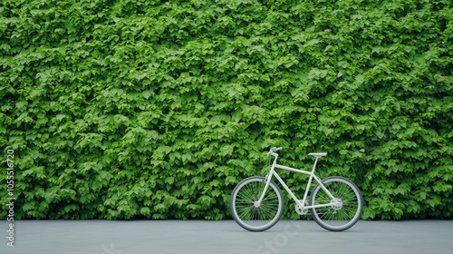 White Bicycle Against Lush Green Wall of Leaves