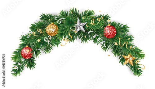 Christmas tree decoration. Holiday fir tree garland, festive Christmas divider. Winter season frame, spruce branch with gold and red Christmas glitter ornaments. Transparent background in vector file.