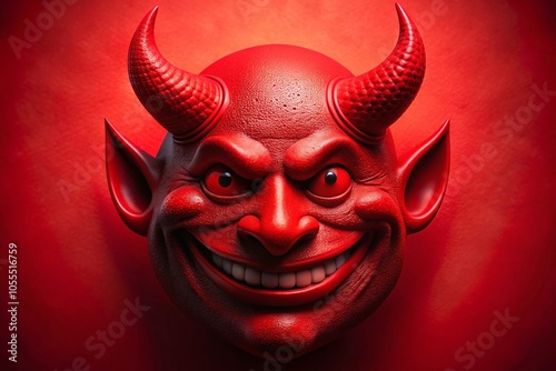 Red Devil Smiley Face Illustration with Horns on Bold Red Background for Eye-Catching Visuals