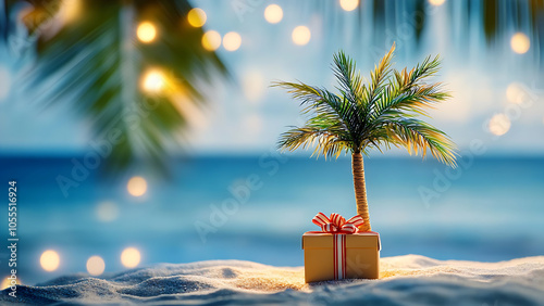 A small palm tree on a sandy beach. A small gift box sits at its base. Blurred lights and water in the background.

