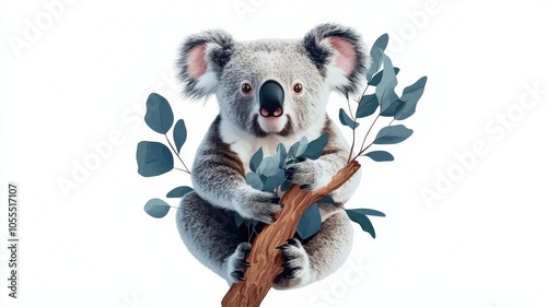 Adorable Koala Character on a Branch with Leaves photo