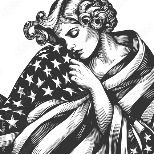 graceful woman draped in the American flag, serene and patriotic expression in vintage-style artwork sketch engraving generative ai vector illustration. Scratch board imitation. Black and white image