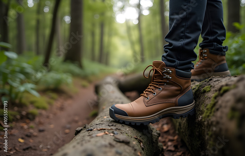 Casual man standing on a log wearing brown hiking boots in a lush green forest