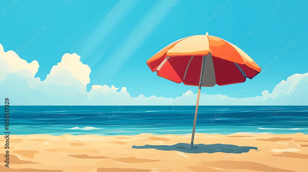 A cartoon illustration of a beach scene with a beach umbrella and a sunny sky. A cartoon illustration of a beach scene with a beach umbrella and a sunny sky.