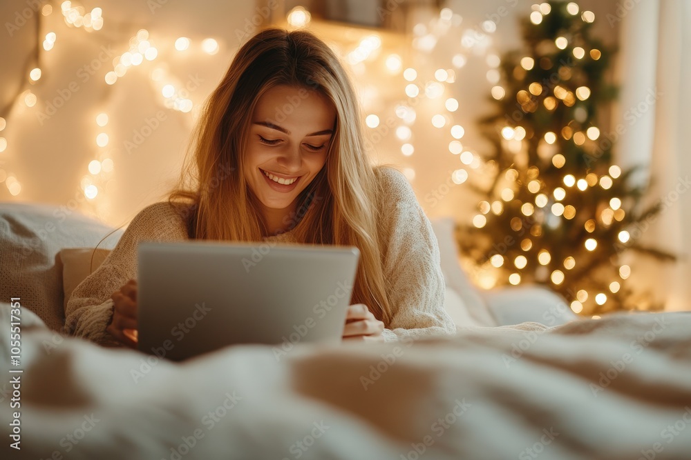 Woman Enjoying Online Shopping in Cozy Atmosphere Woman Enjoying Online Shopping in Cozy Atmosphere