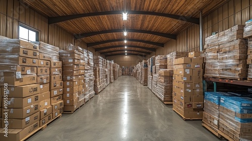 Cardboard boxes stacked on pallets in a warehouse