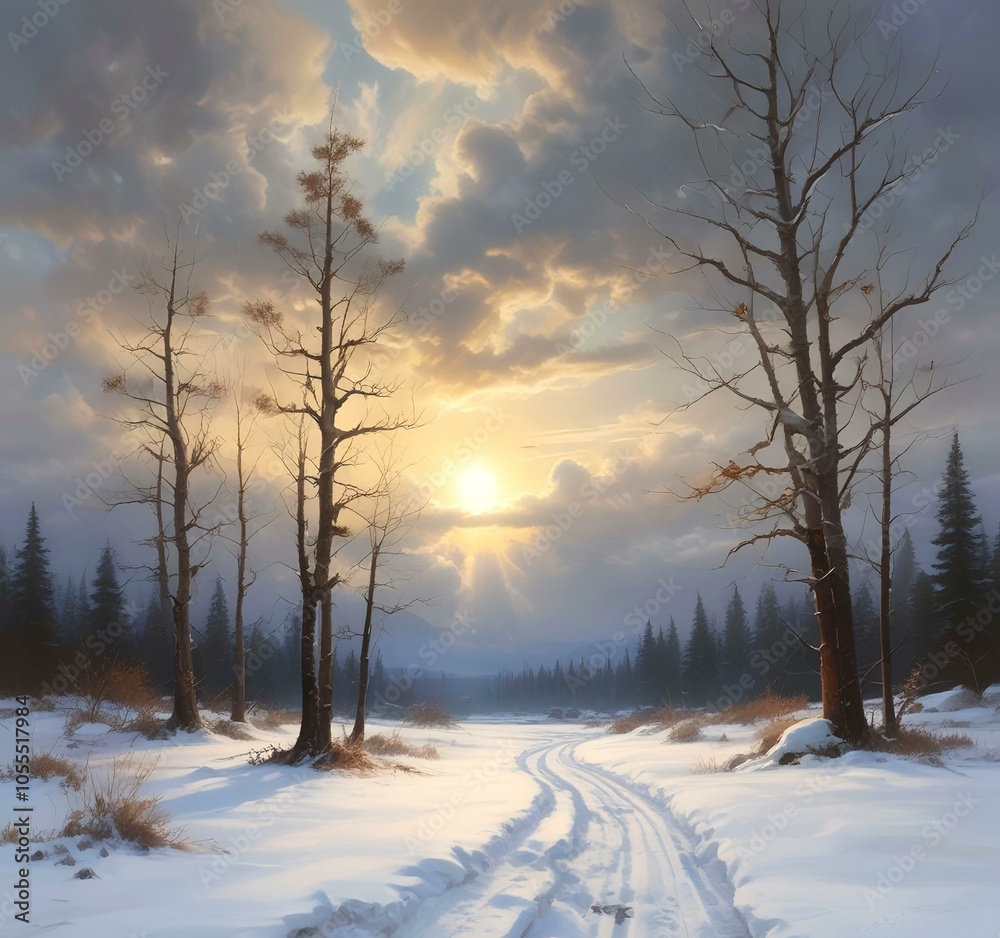 Illustration of winter season with sunrise. Illustration of winter season with sunrise.