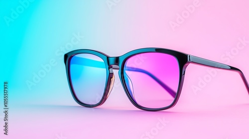 A pair of glasses with reflections of security cameras in the lenses, side profile of the wearer, subtle neon lighting