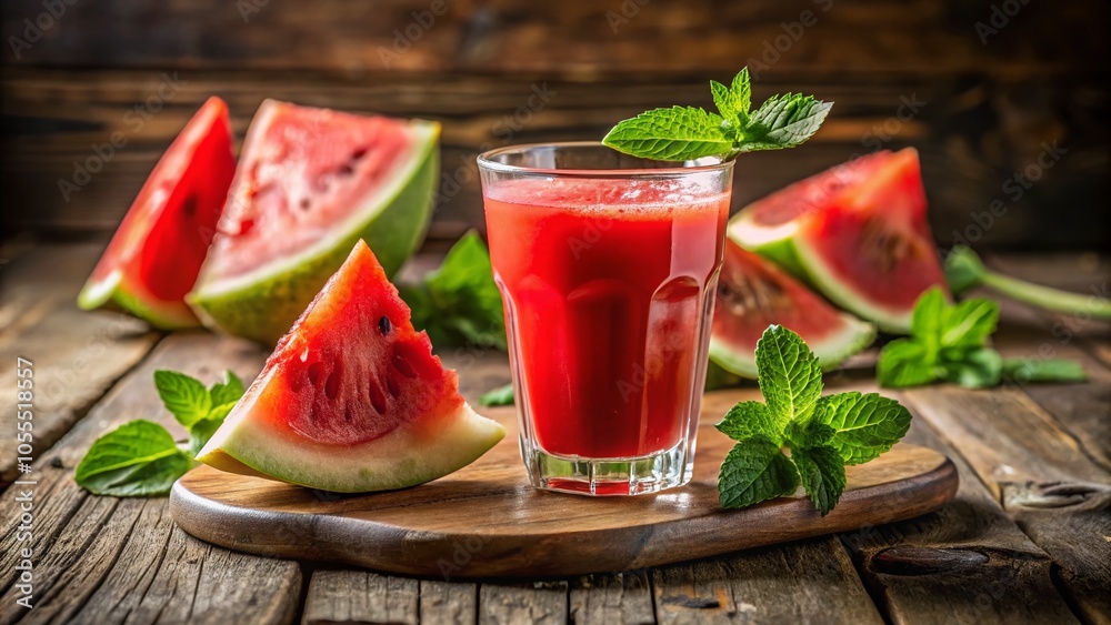 Refreshing Watermelon Juice in Night Photography on Rustic Wood Table for Summer Vibes