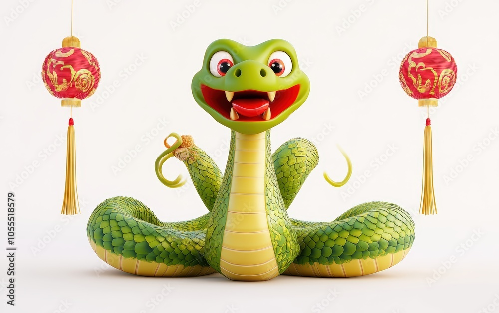 Fototapeta premium 3d chinese happy green snake with happy face, lunar new year theme, white background