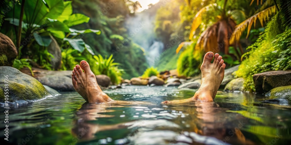 Relaxing Male Feet Soaking in Hot Springs for Health Benefits - Panoramic View of Natural Spa Experience Relaxing Male Feet Soaking in Hot Springs for Health Benefits - Panoramic View of Natural Spa Experience