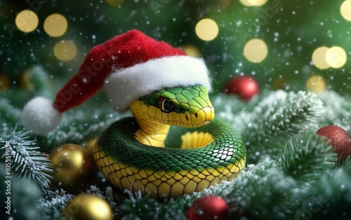A Yellow and green snake in Santa's hat on a New Year's background. The symbol of the New Year 2025. 