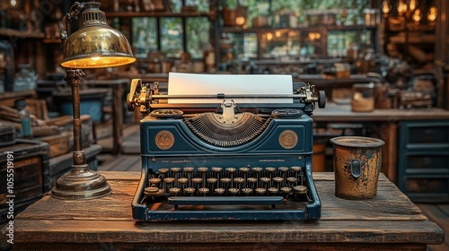 Vintage Typewriter on a Rustic Wooden Table with Lamp