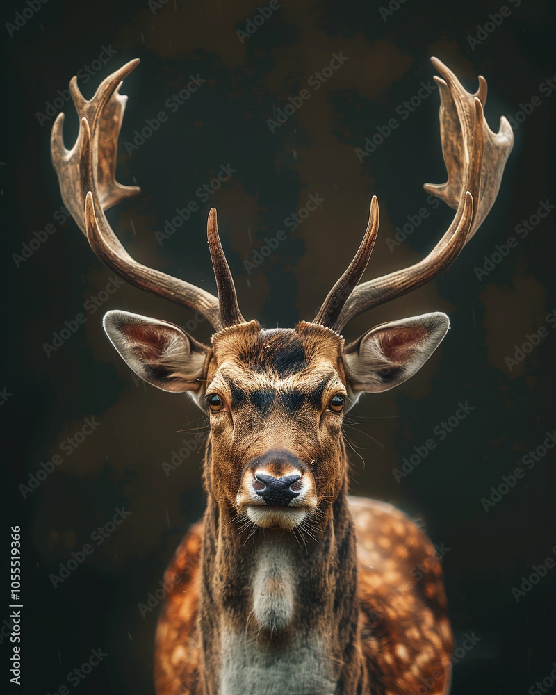 Fototapeta premium A mesmerizing ultrarealistic portrait of a deer with grand antlers, bathed in soft shadows. The dark background enhances its grace and power, making it an ideal wildlife-inspired artwork.