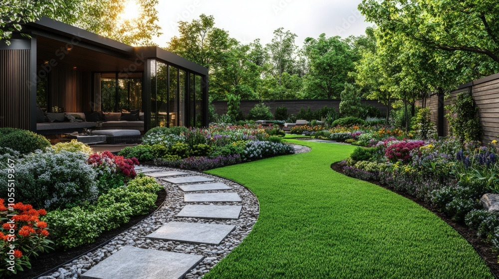 Fototapeta premium Beautiful garden pathway with vibrant flowers and lush greenery in a serene backyard