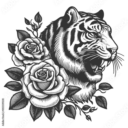 roaring tiger surrounded by blooming roses, tattoo. Fierce wildlife with delicate floral elements sketch engraving generative ai vector illustration. Scratch board imitation. Black and white image.
