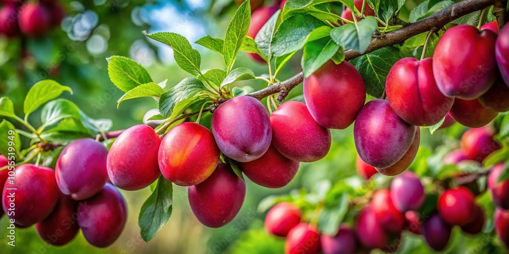 Ripe Red Plums on a Tree Branch - Fresh Fruit Photography for Culinary and Nature Lovers Ripe Red Plums on a Tree Branch - Fresh Fruit Photography for Culinary and Nature Lovers