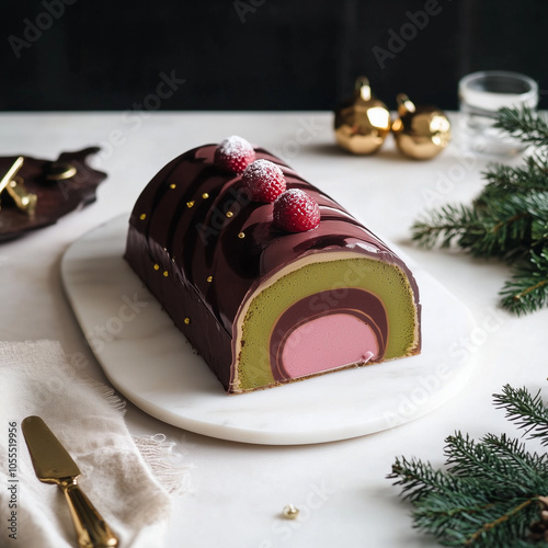 Buche revisitée à la mousse chocolat fruit rouge framboise matcha pistache sur fond blanc avec décoration de Noël, dessert de fête à manger en famille à la fin d'année, pâtisserie de luxe photo