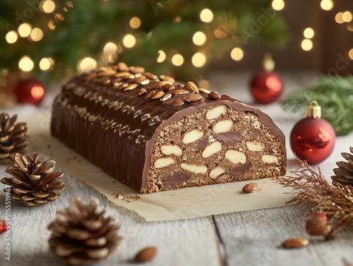 Buche de Noël à la mousse au chocolat et aux amandes sur une table décorée, dessert de fête à manger en famille à la fin d'année photo