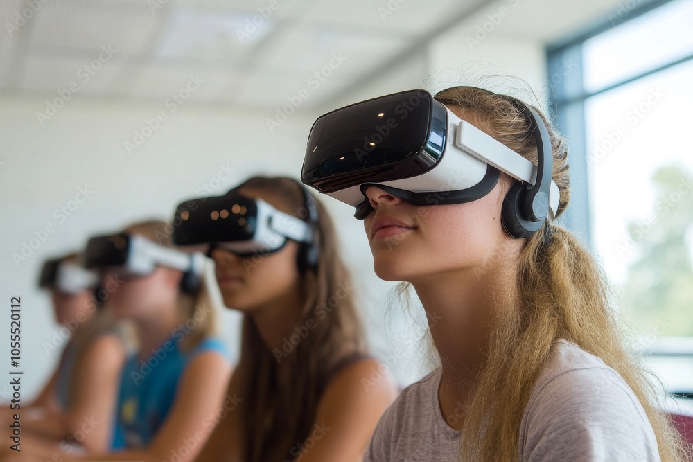 Naklejka premium Students in a classroom with VR headsets. Generative AI