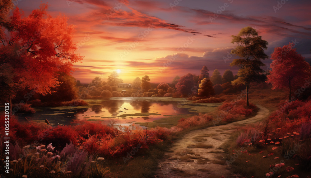 Autumn Sunset Landscape with Lake Trees and Path Autumn Sunset Landscape with Lake Trees and Path